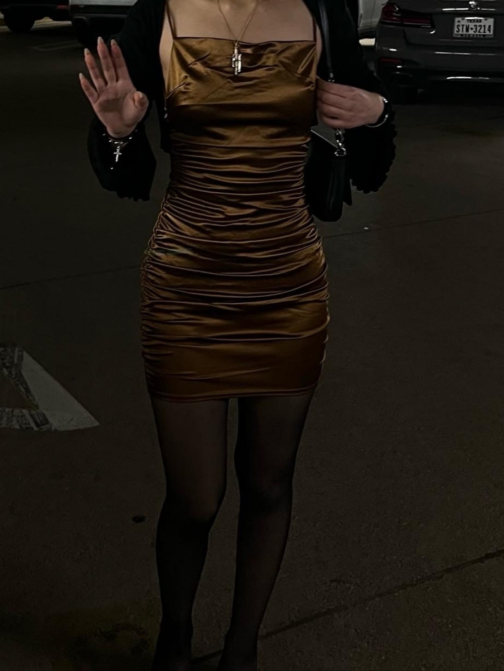 Fashion Nova Bronze Satin Ruched Cowl Mini Dress